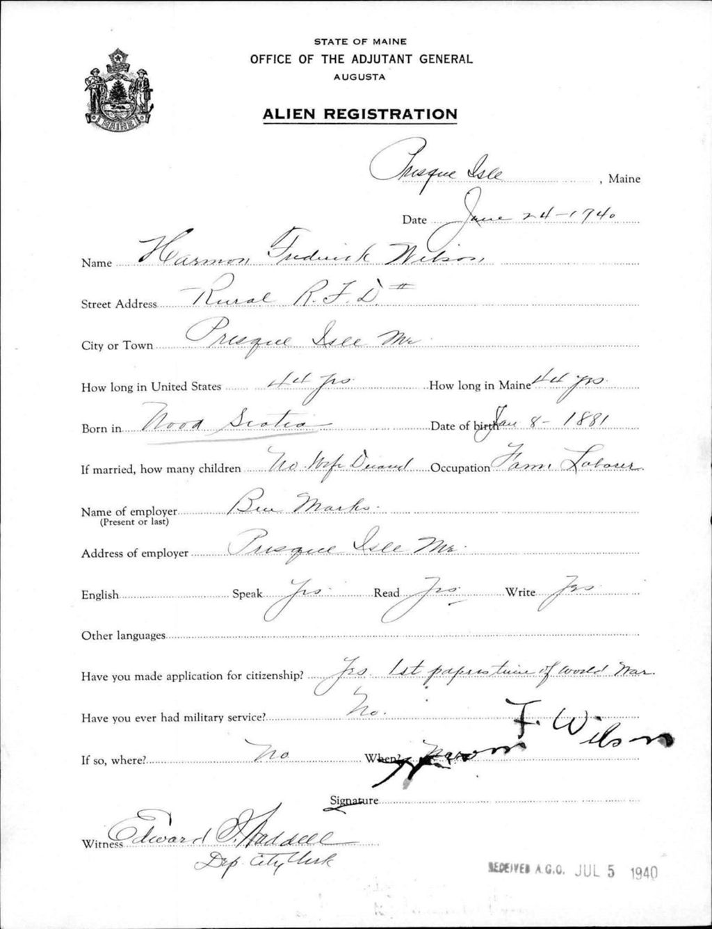 Miniature of Alien Registration- Wilson, Harmon F. (Presque Isle, Aroostook County)