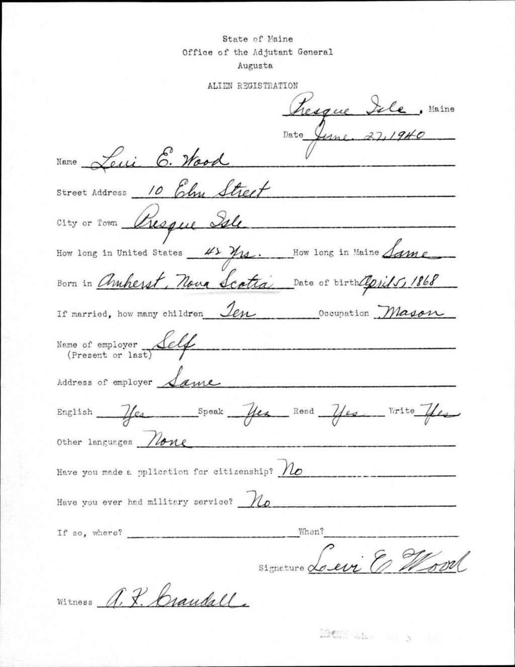 Miniature of Alien Registration- Wood, Levi E. (Presque Isle, Aroostook County)