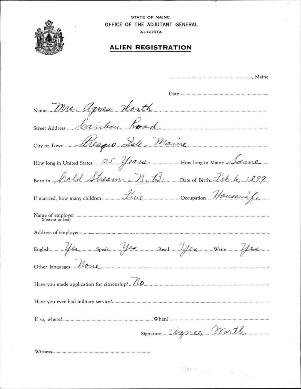 Miniature of Alien Registration- Worth, Agnes (Presque Isle, Aroostook County)