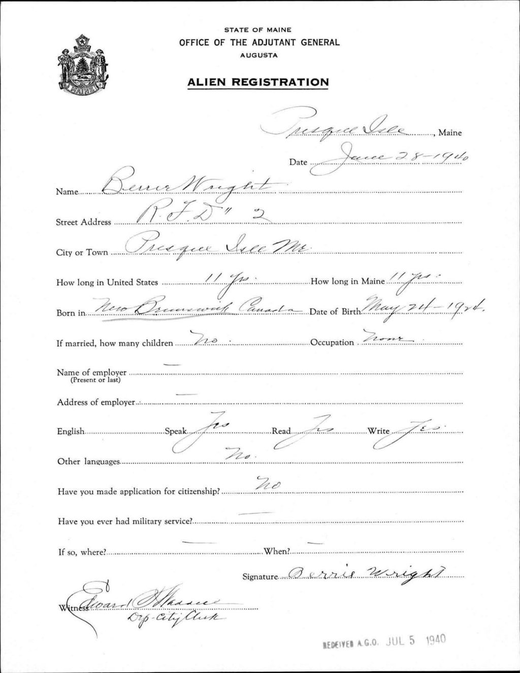Miniature of Alien Registration- Wright, Berrie (Presque Isle, Aroostook County)