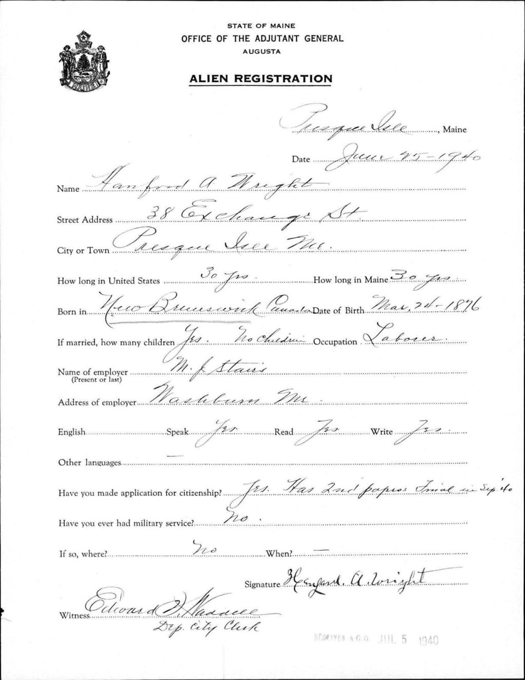 Miniature of Alien Registration- Wright, Hanford A. (Presque Isle, Aroostook County)