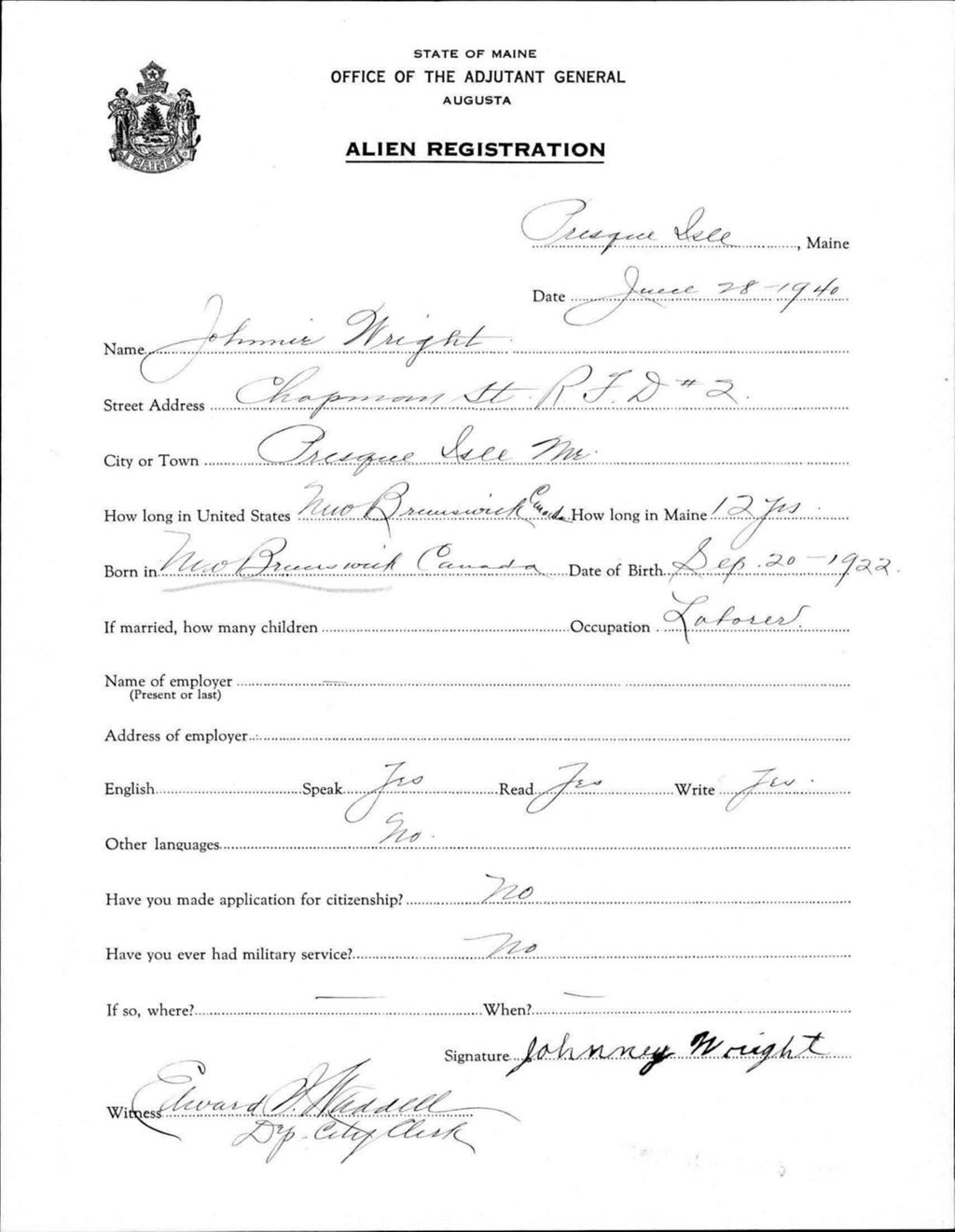 Miniature of Alien Registration- Wright, Johnnie (Presque Isle, Aroostook County)