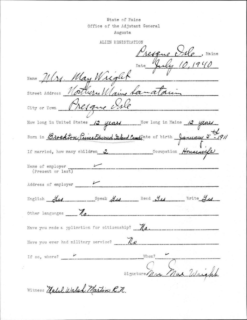 Miniature of Alien Registration- Wright, May (Presque Isle, Aroostook County)