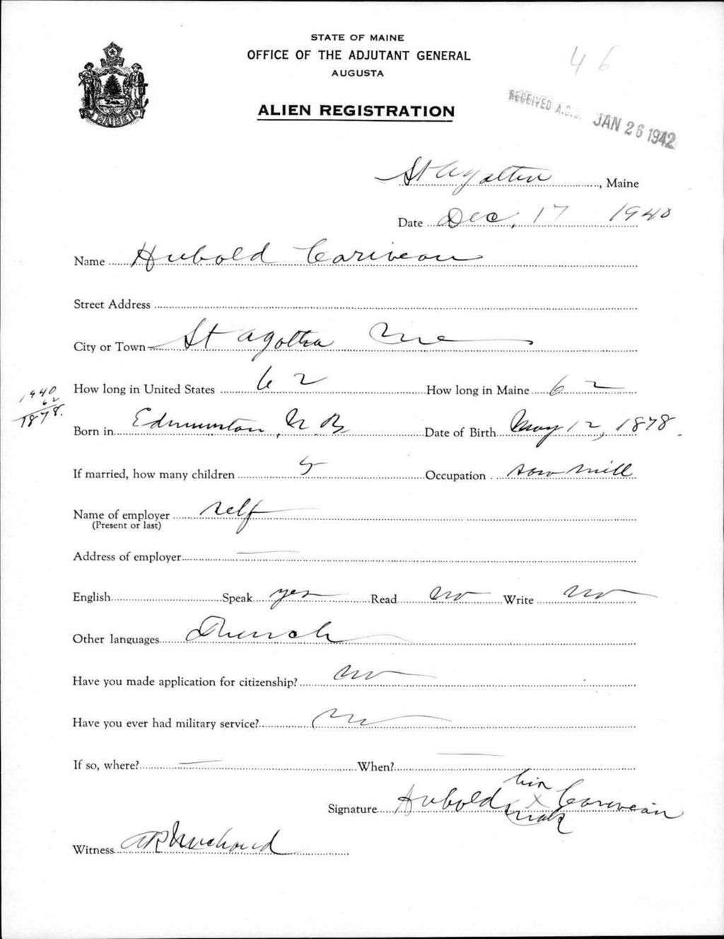 Miniature of Alien Registration- Cariveau, Hubold (Saint Agatha, Aroostook County)
