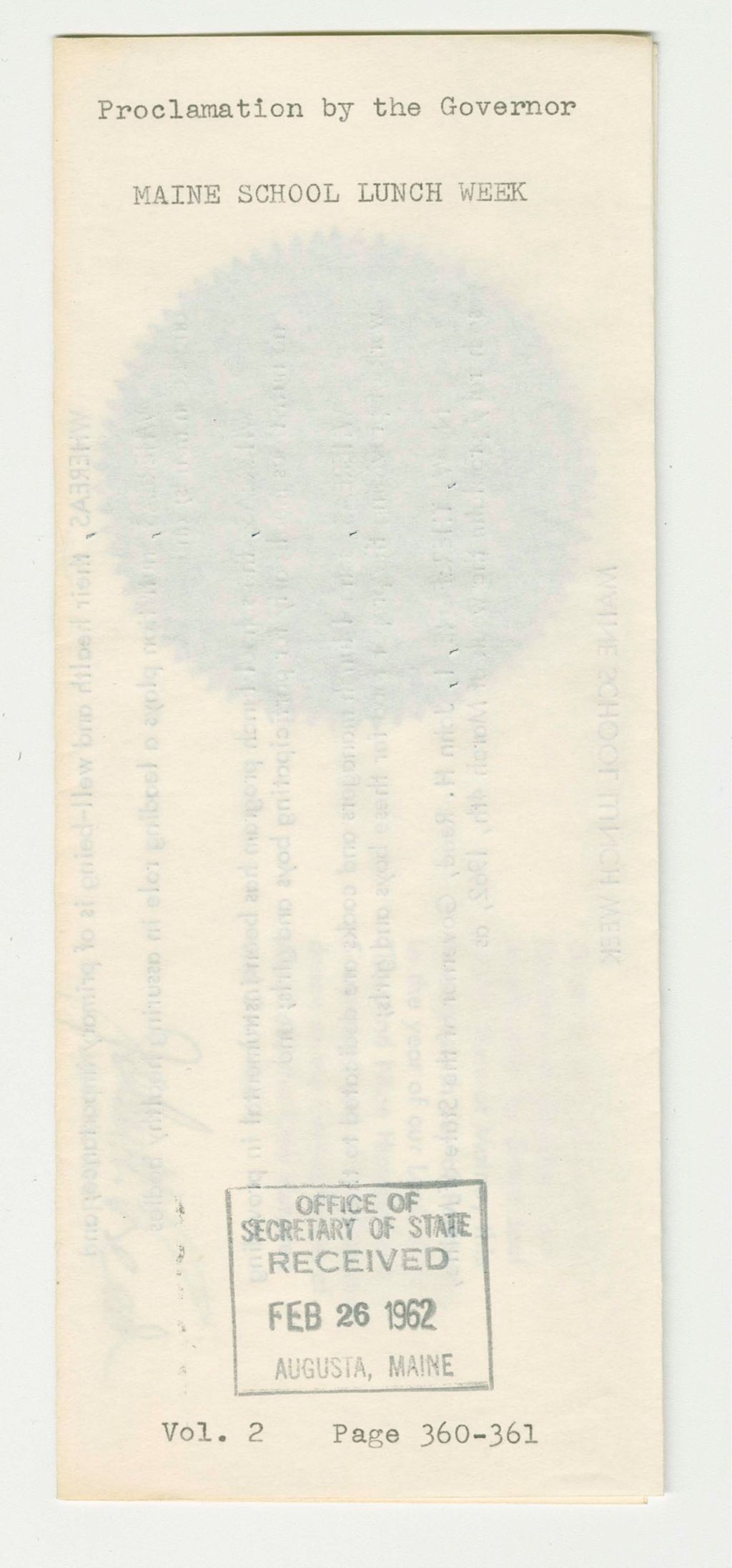 Miniature of Maine School Lunch Week Proclamation