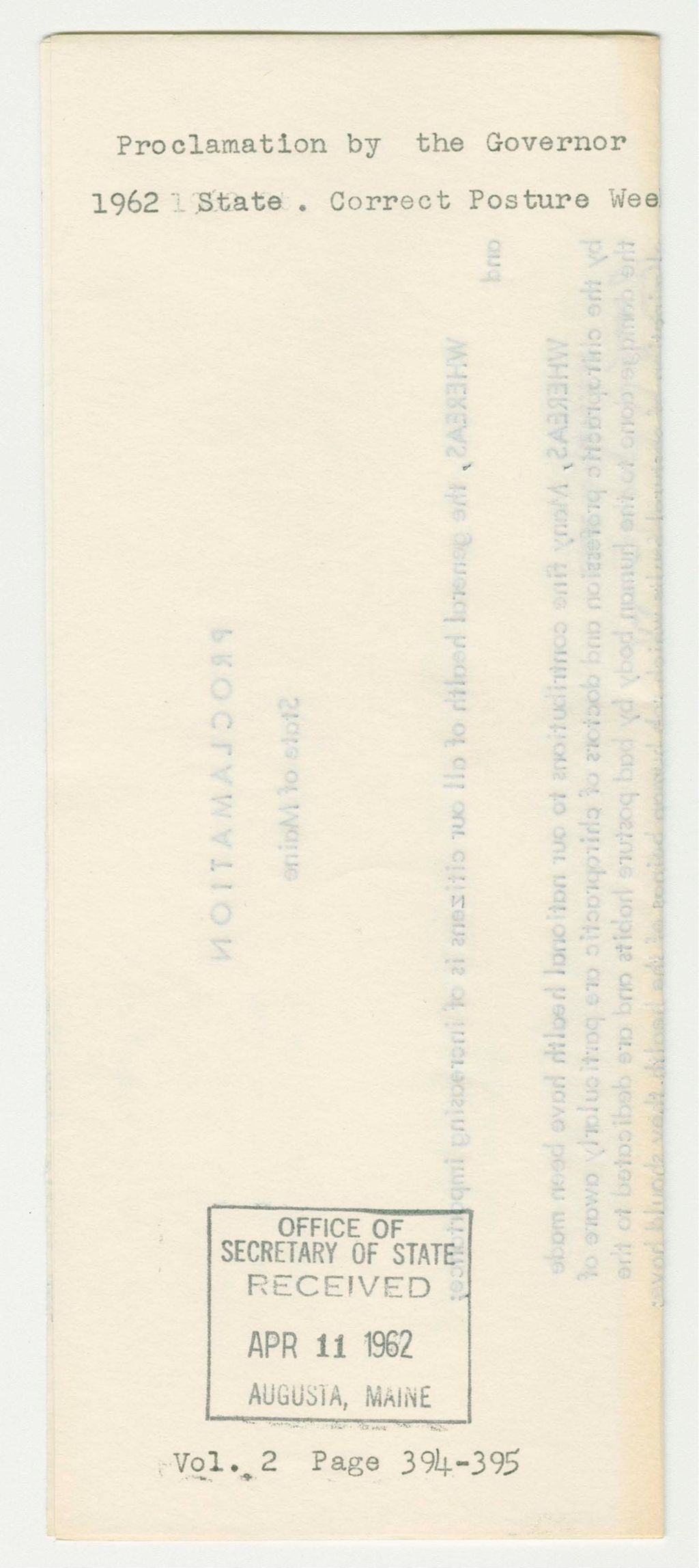 Miniature of 1962 State Correct Posture Week Proclamation