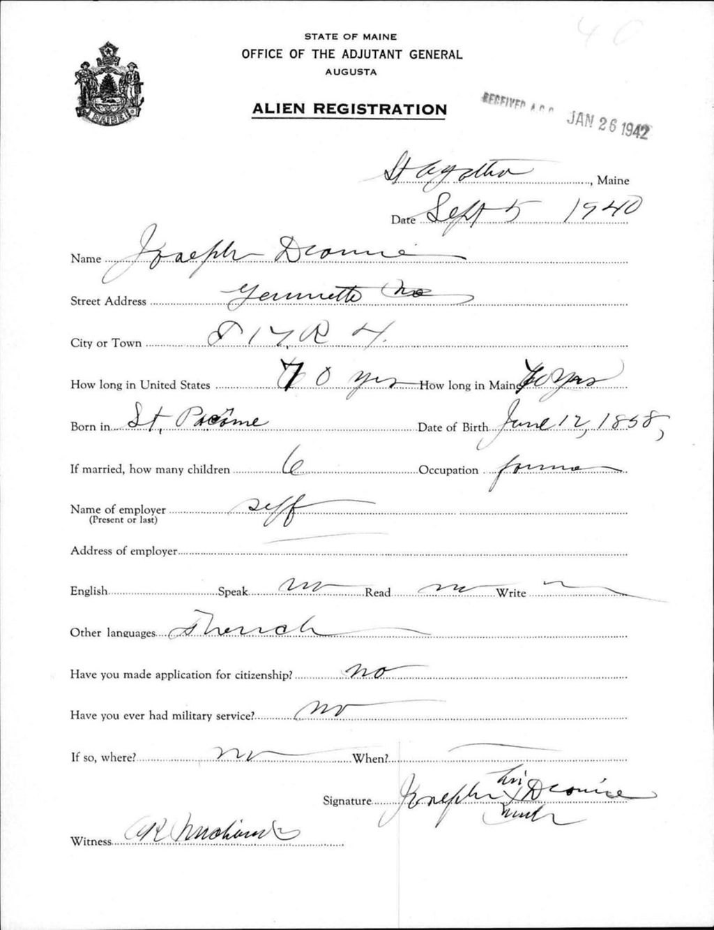 Miniature of Alien Registration- Dionne, Joseph (Saint Agatha, Aroostook County)