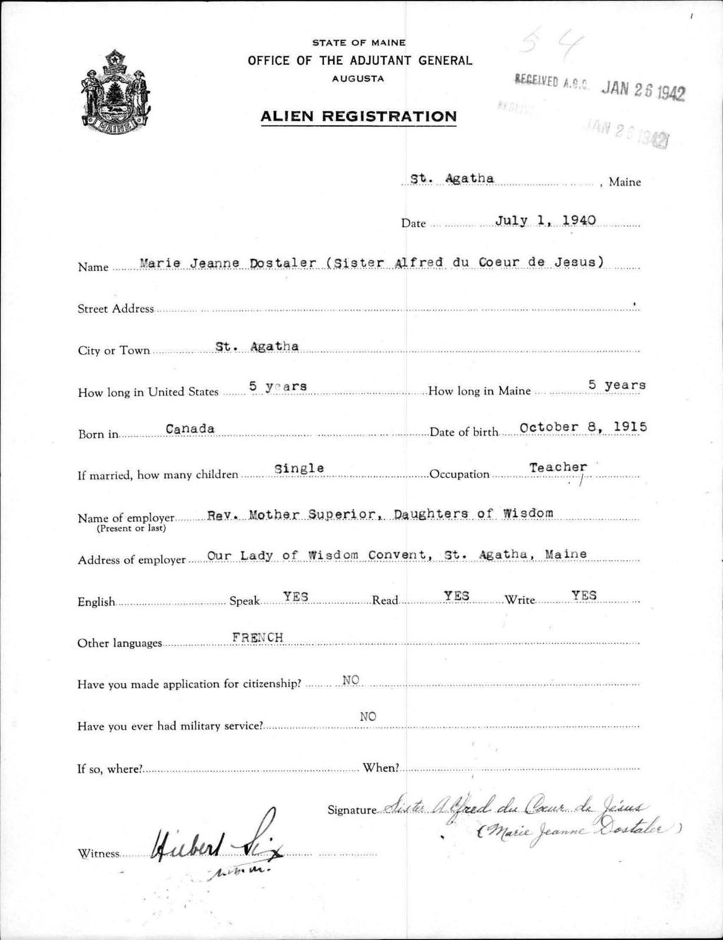 Miniature of Alien Registration- Dostaler, Marie J. (Saint Agatha, Aroostook County)