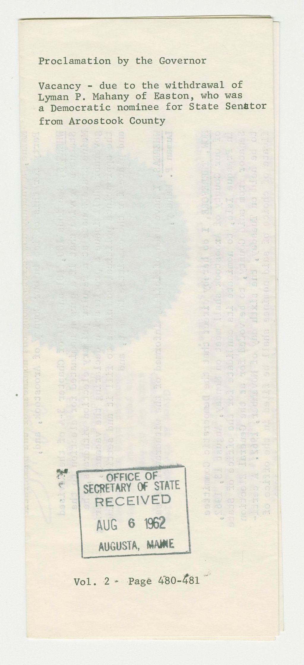 Miniature of Vacancy- due to the withdrawal of Lyman P. Mahany, who was a Democratic Nominee for State Senator from Aroostook County