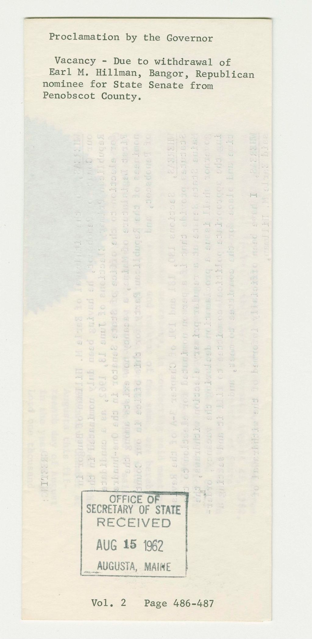 Miniature of Vacancy- Due to Withdrawal of Earl M. Hillman, Bangor, Republican nominee for State Senate from Penobscot County