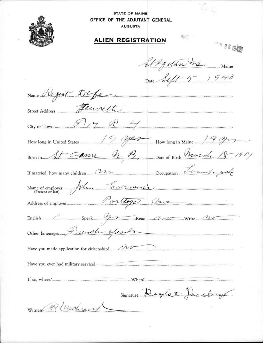 Miniature of Alien Registration- Dube, Regist (Saint Agatha, Aroostook County)