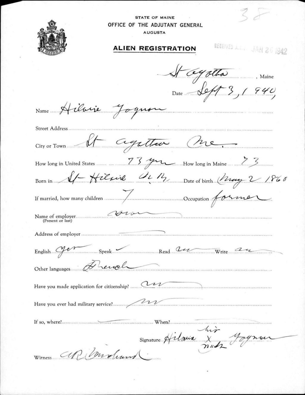 Miniature of Alien Registration- Gagnon, Hilaire (Saint Agatha, Aroostook County)