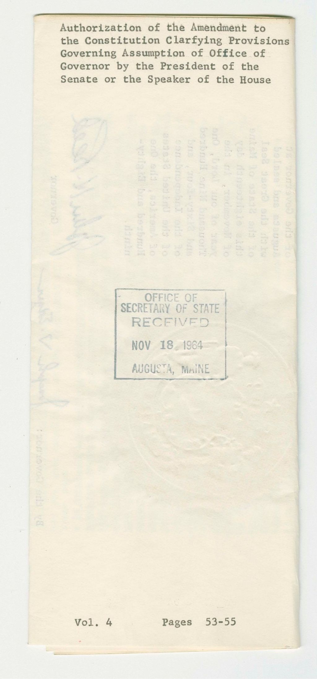 Miniature of Authorization of the Amendment to the Constitution Clarifying Provisions Governing Assumption of Office of Governor by the President of the Senate or the Speaker of the House