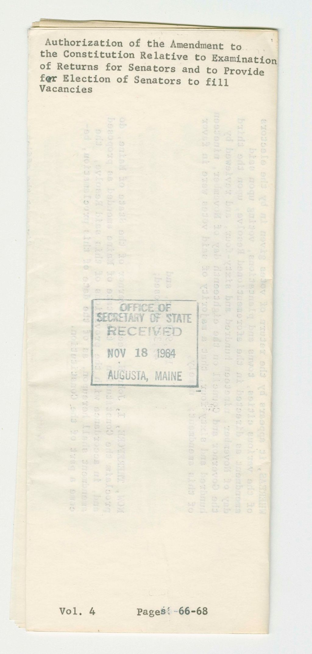 Miniature of Authorization of the Amendment to the Constitution Relative to Examination of Returns for Senators and to Provide for Election of Senators to fill Vacancies