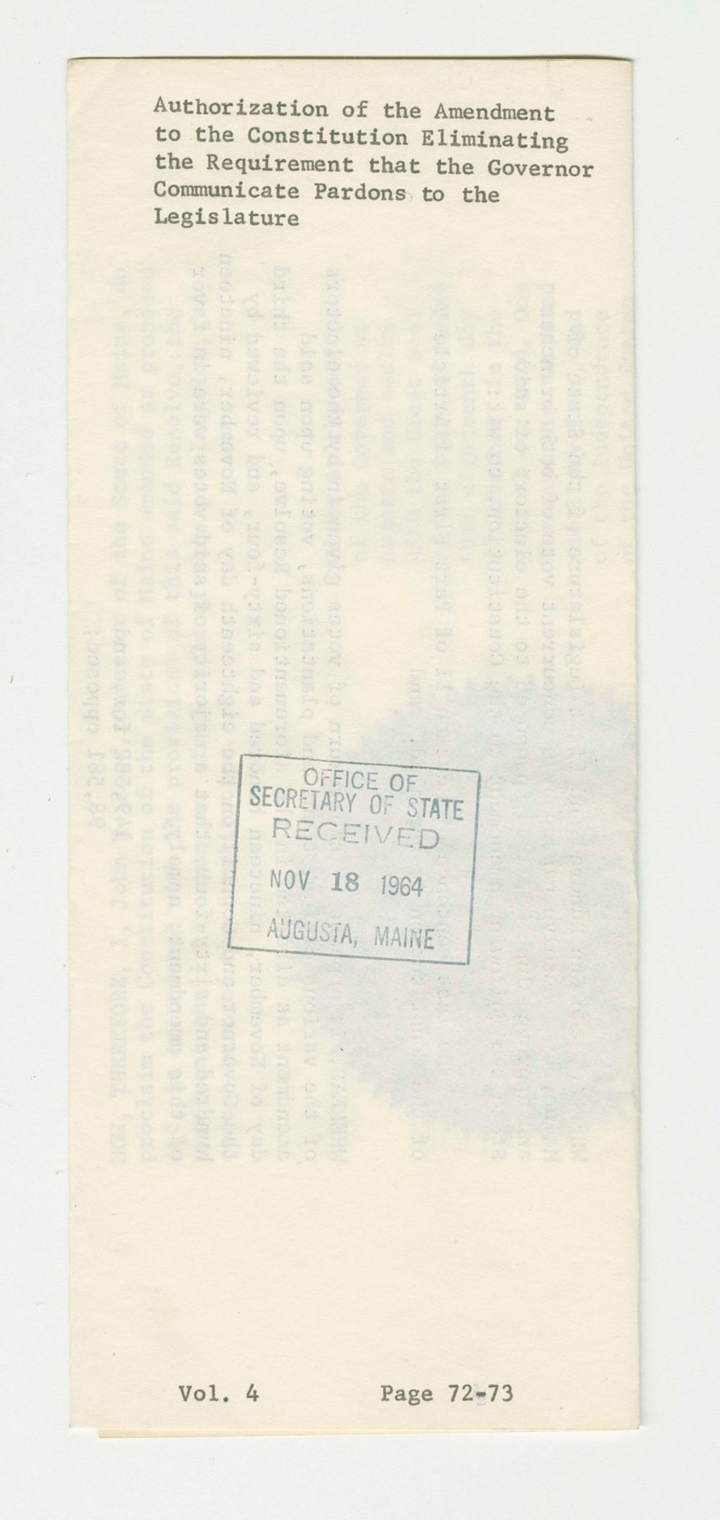 Miniature of Authorization of the Amendment to the Constitution Eliminating the Requirement that the Governor Communicate Pardons to the Legislature