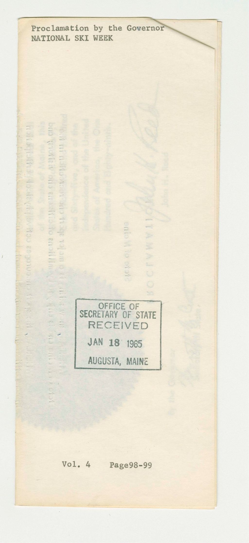 Miniature of National Ski Week Proclamation