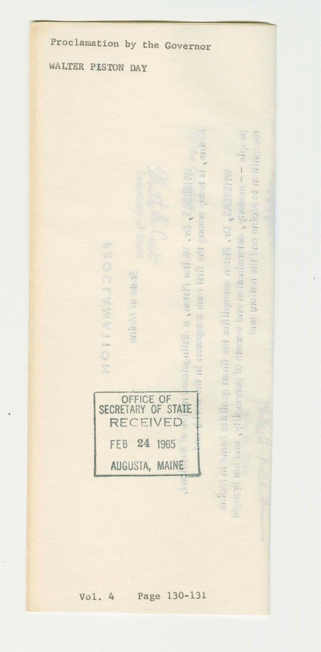 Miniature of Walter Piston Day Proclamation
