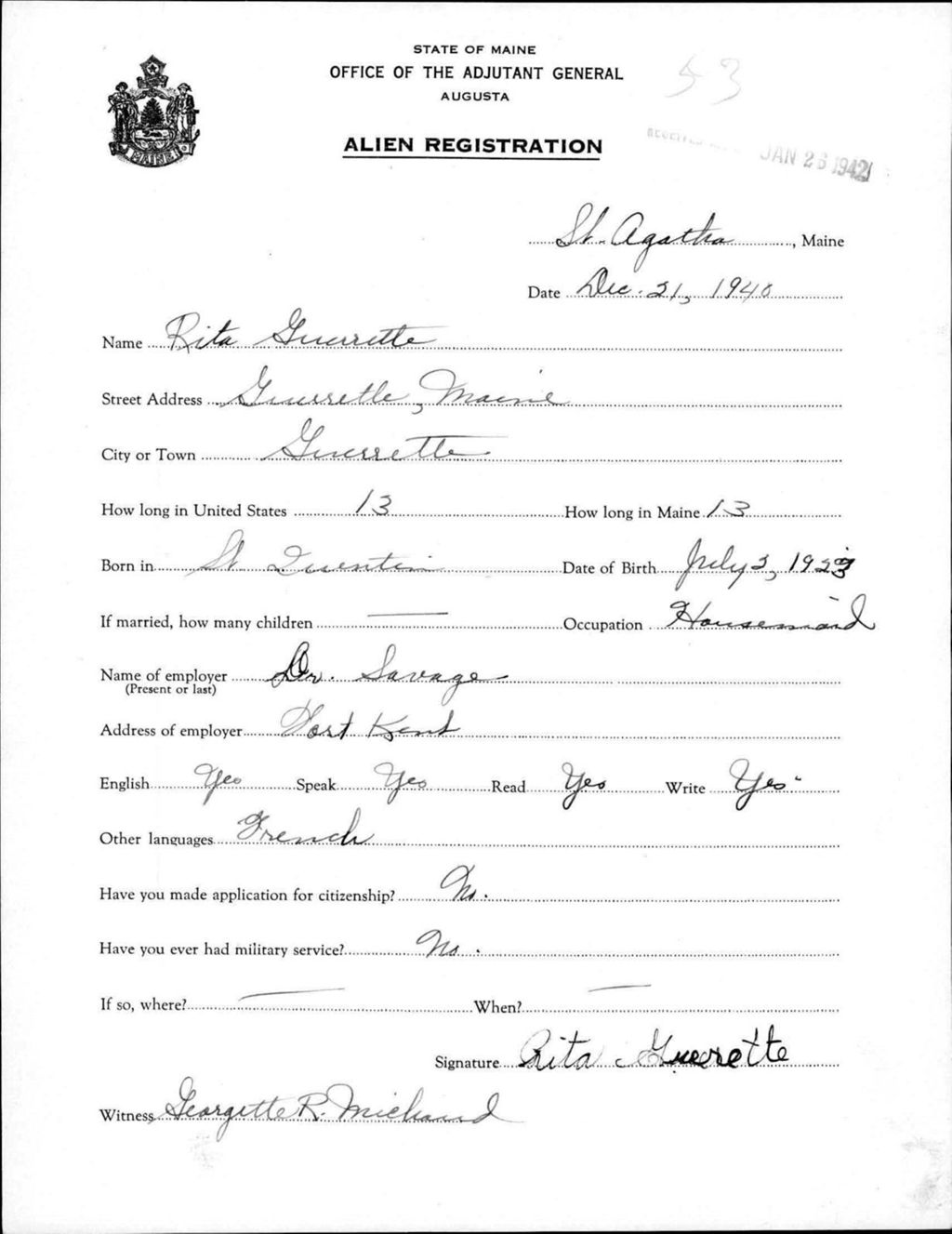 Miniature of Alien Registration- Guerrette, Rita (Saint Agatha, Aroostook County)