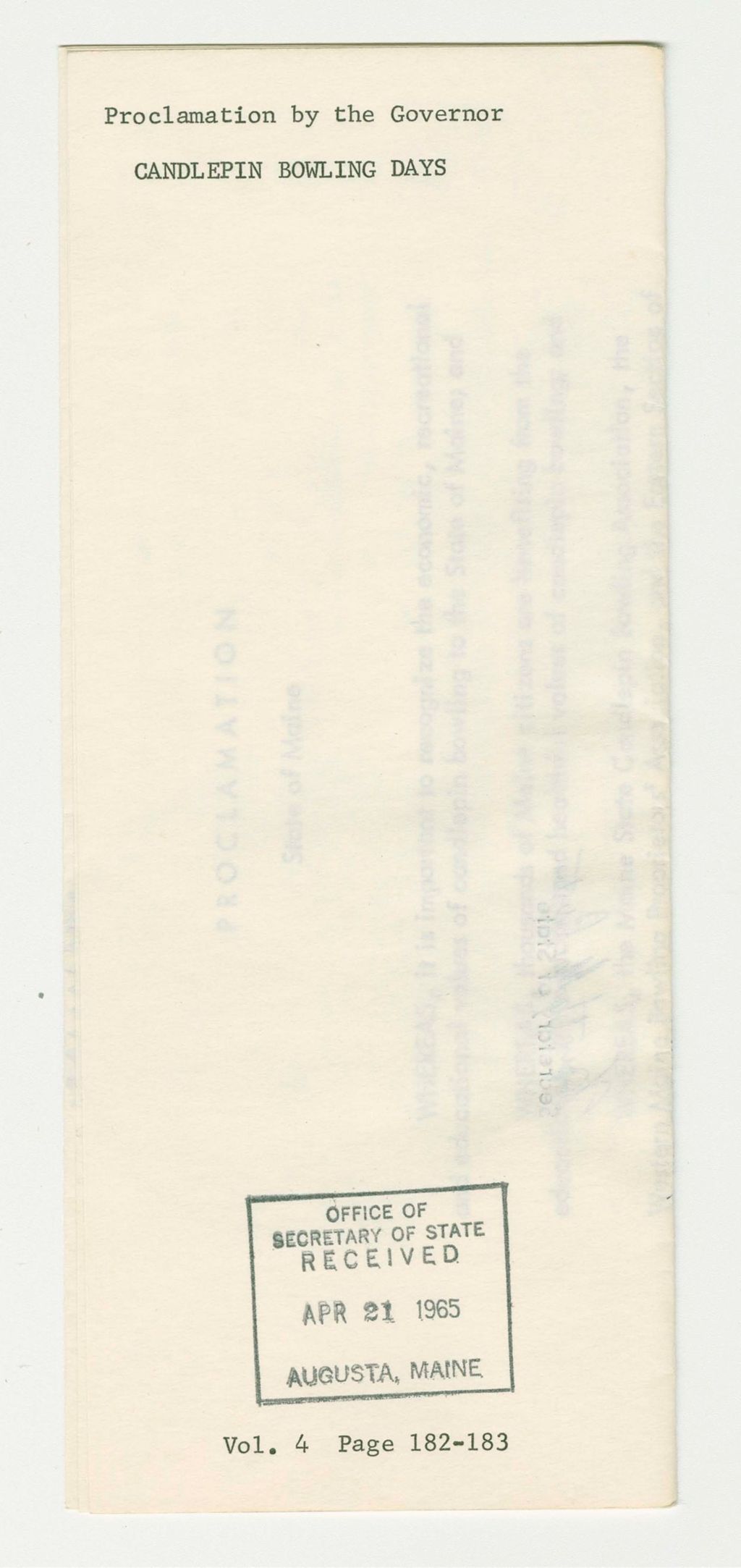 Miniature of Candlepin Bowling Days Proclamation