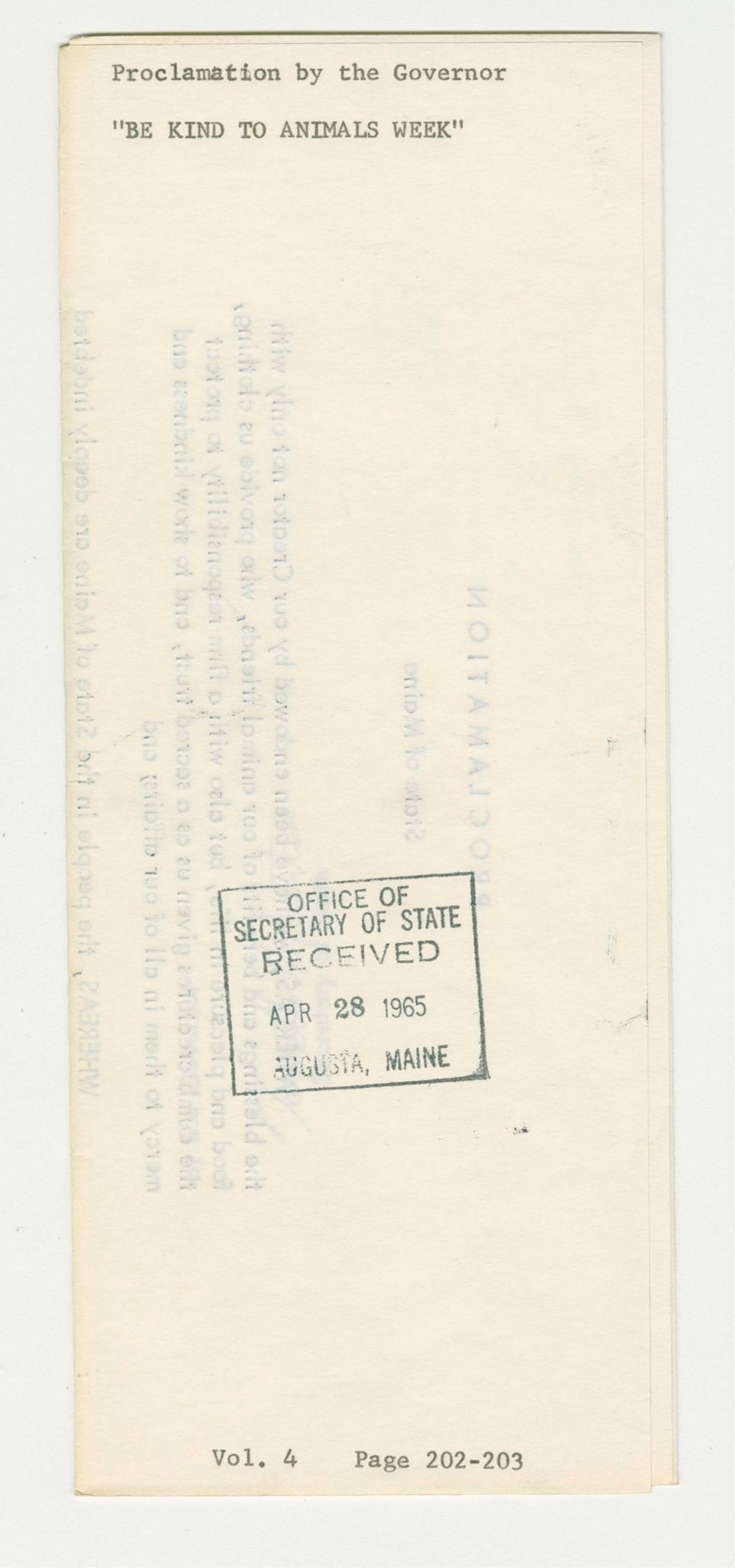 Miniature of "Be Kind to Animals Week" Proclamation