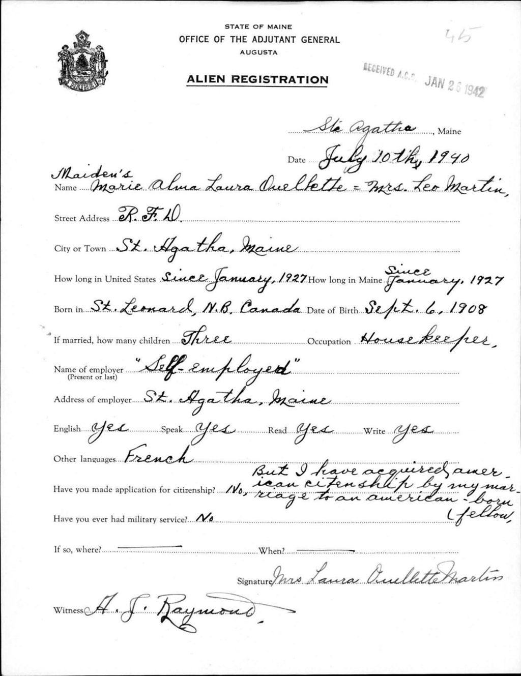 Miniature of Alien Registration- Ouellette, Marie Alma L. (Saint Agatha, Aroostook County)
