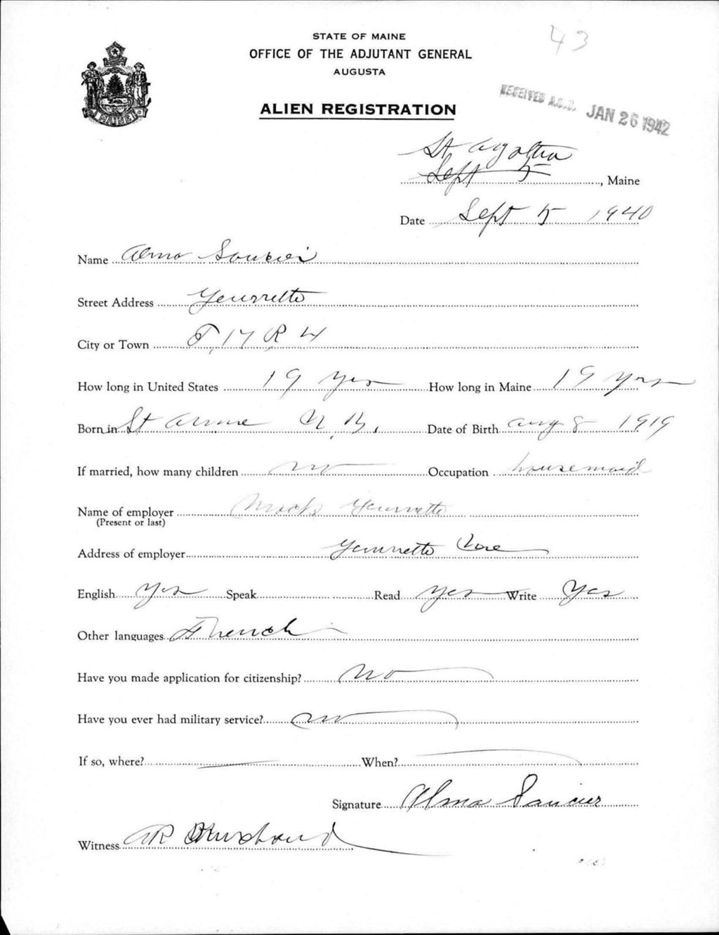 Miniature of Alien Registration- Soucier, Alma (Saint Agatha, Aroostook County)
