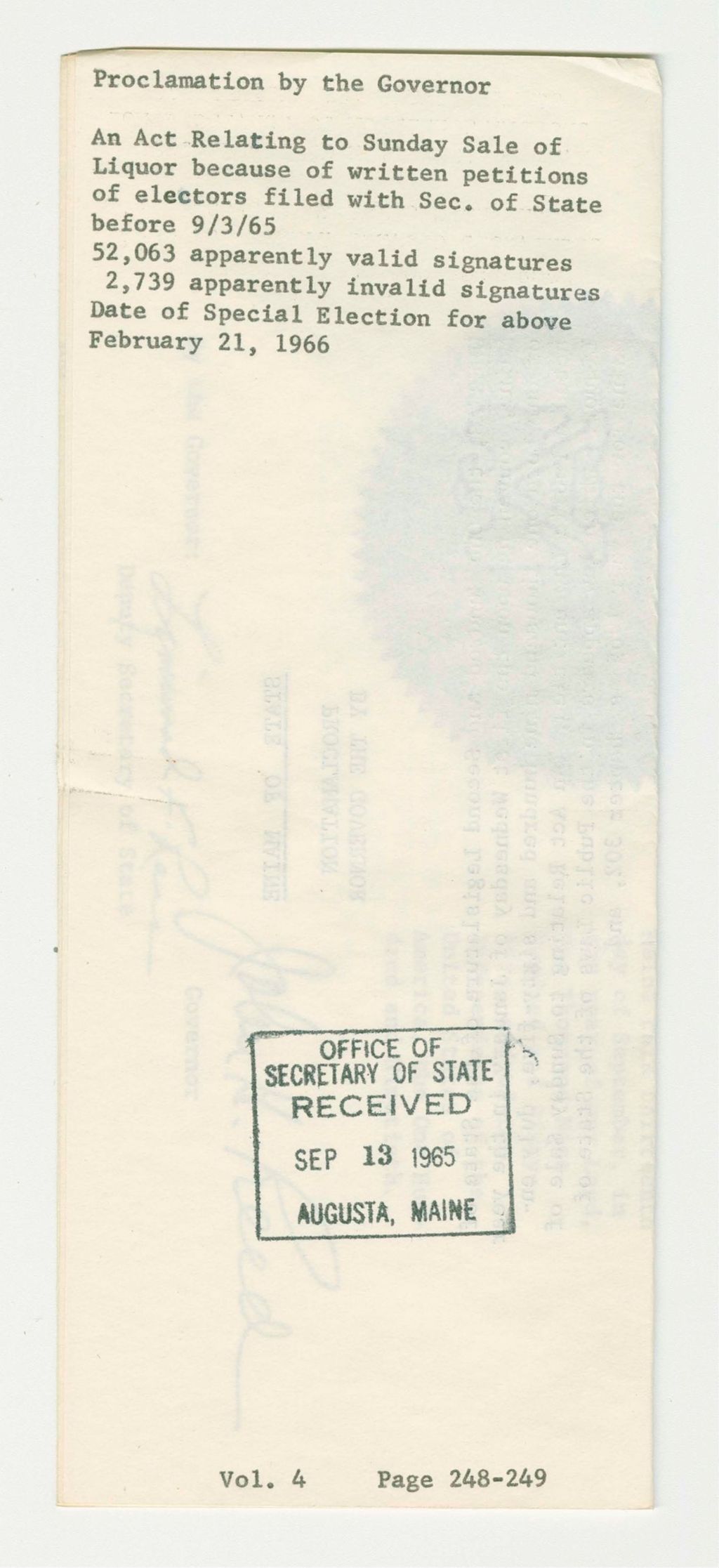 Miniature of An Act Relating to Sunday Sale of Liquor because of written petitions of electors filed with Sec. of State before 9/3/65