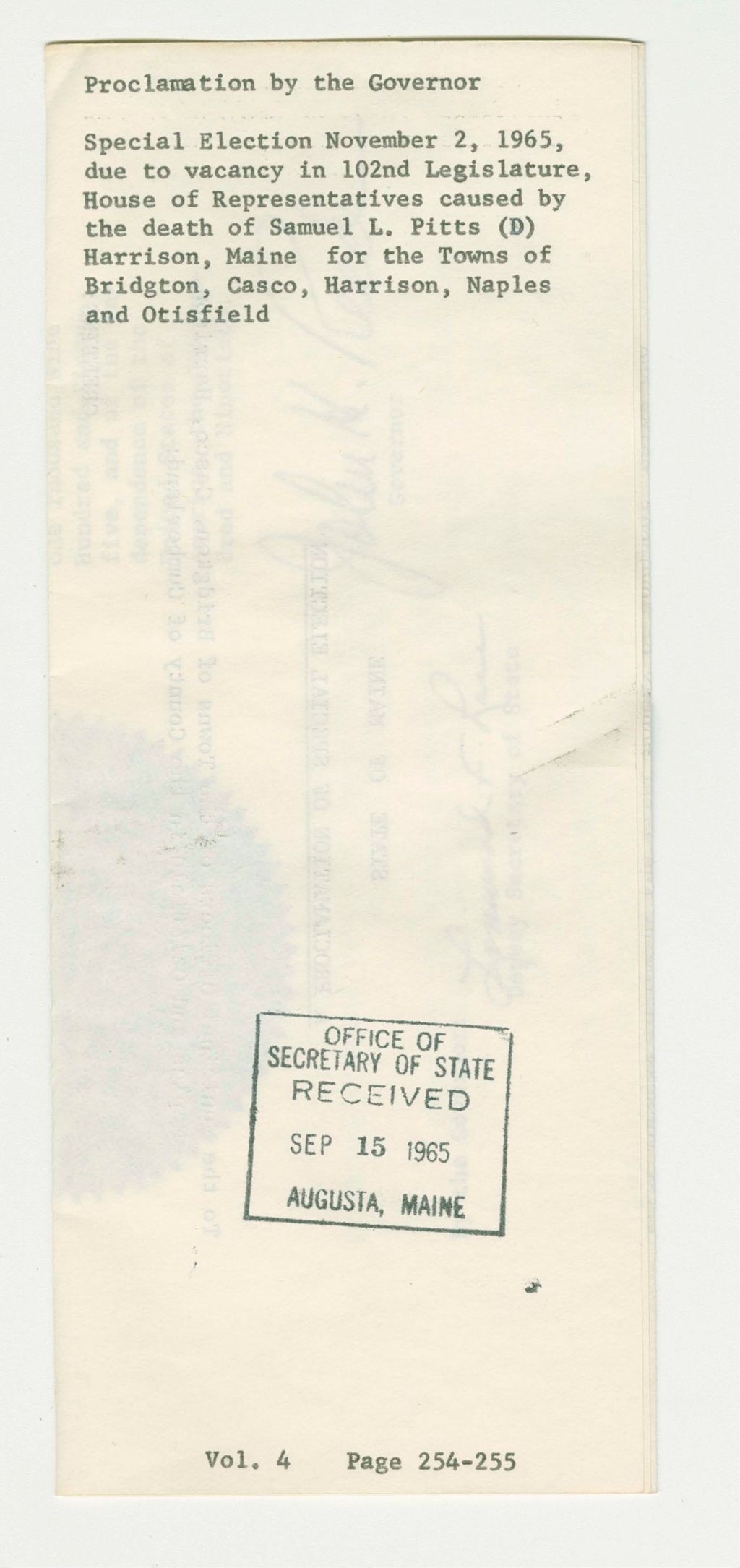 Miniature of Special Election due to vacancy in 102nd Legislature, House of Representatives caused by the death of Samuel L. Pitts Harrison, Maine for the Towns of Bridgton, Casco, Harrison, Naples, and Otisfield