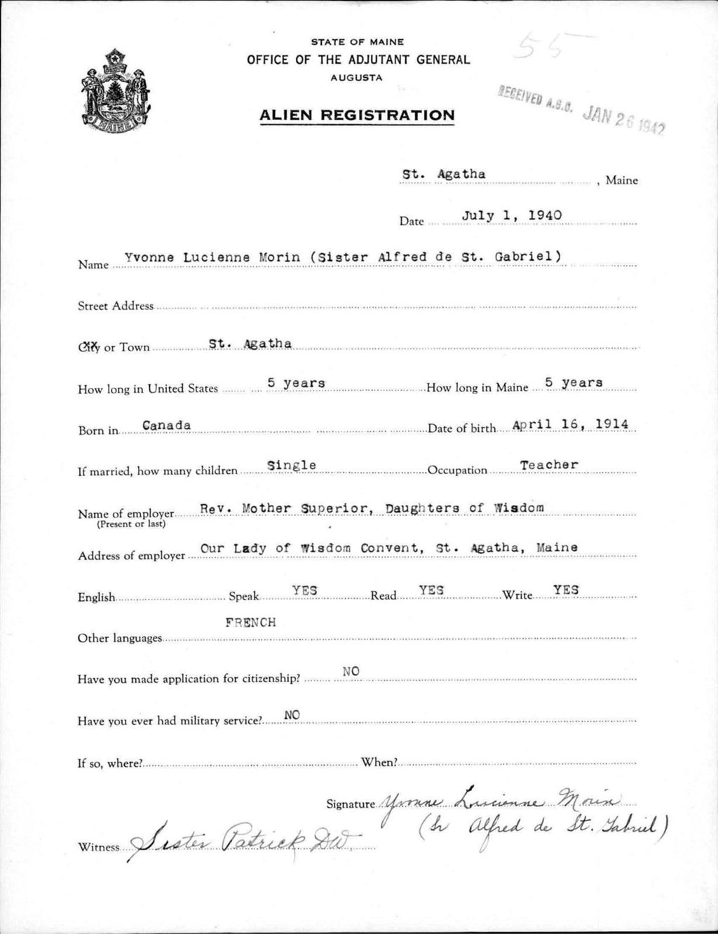 Miniature of Alien Registration- Morin, Yvonne L. (Saint Agatha, Aroostook County)