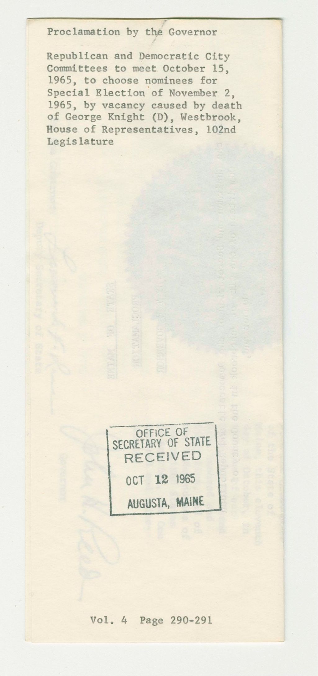 Miniature of Republican and Democratic City Committees to meet October 15, 1965, to choose nominees for Special Election of November 2. 1965 by vacancy caused by death of George Knight Westbrook House of Representatives, 102nd Legislature