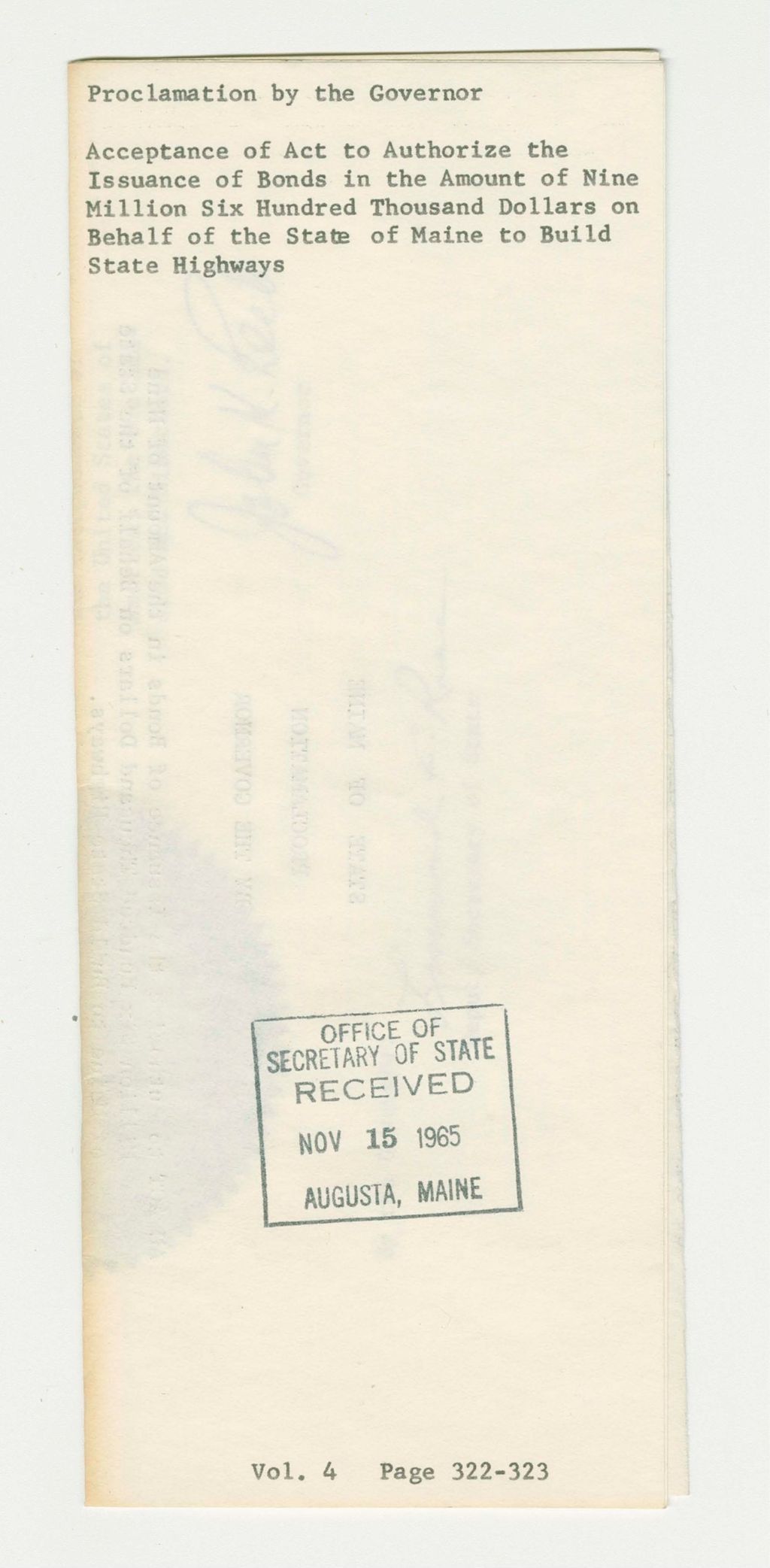 Miniature of Acceptance of Act to Authorize the Issuance of Bonds in the Amount of Nine Million Six Hundred Thousand Dollars on Behalf of the State of Maine to Build State Highways