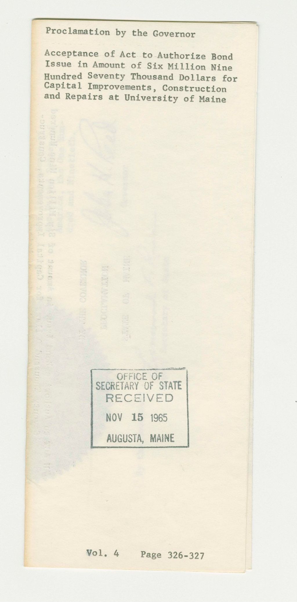 Miniature of Acceptance of Act to Authorize Bond Issue in Amount of Six Million Nine Hundred Seventy Thousand Dollars for Capital Improvements, Construction and Repairs at University of Maine