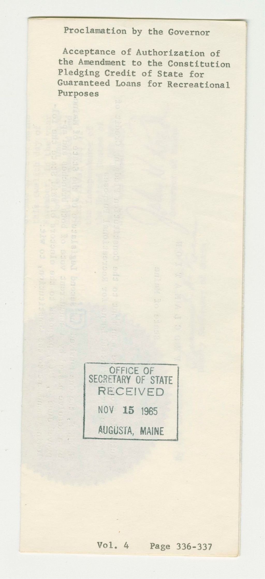 Miniature of Acceptance of Authorization of the Amendment to the Constitution Pledging Credit of State for Guaranteed Loans for Recreational Purposes