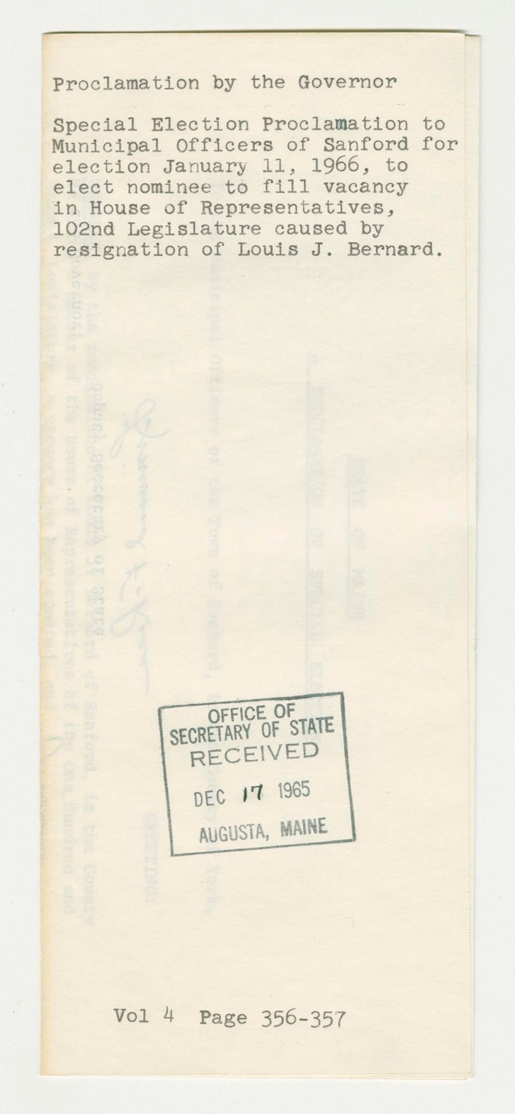 Miniature of Special Election Proclamation to Municipal Officers of Sanford for election January 11, 1966, to elect nominee to fill vacancy in House of Representatives, 102nd Legislature caused by resignation of Louis J. Bernard