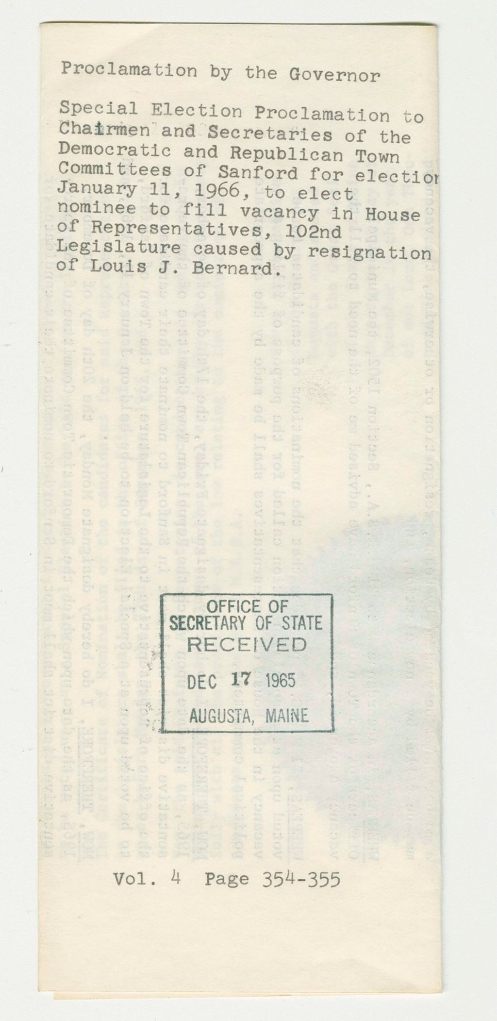 Miniature of Special Election Proclamation to Chairmen and Secretaries of the Democratic and Republican Town Committees of Sanford for election January 11, 1966, to elect nominee to fill vacancy in House of Representatives, 102nd Legislature caused by resignation of Louis J. Bernard