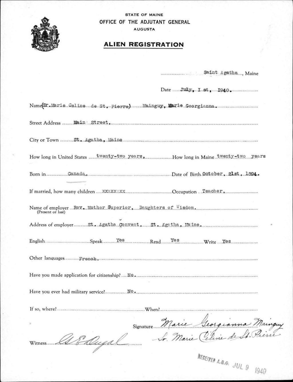 Miniature of Alien Registration- Mainguy, Marie G. (Saint Agatha, Aroostook County)