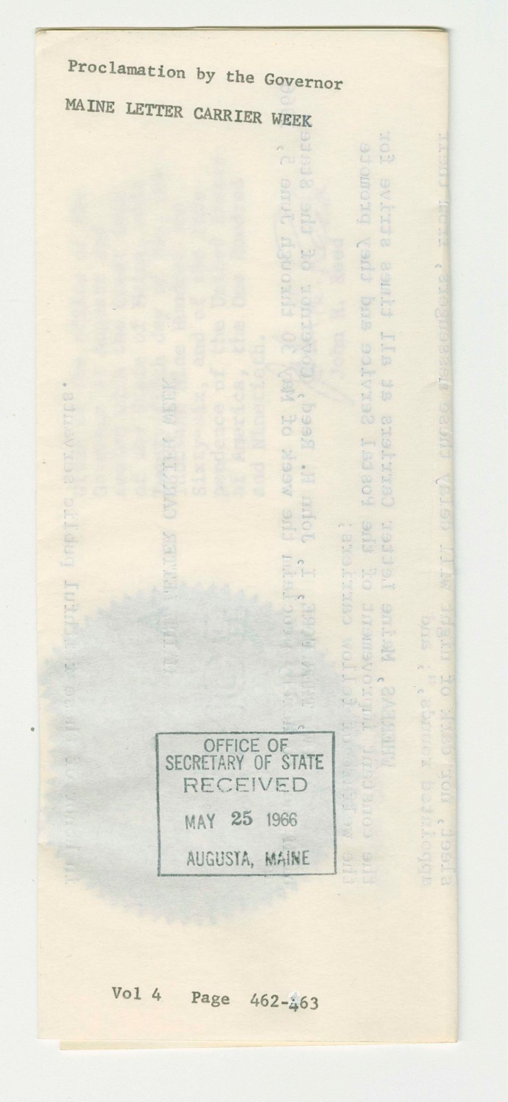 Miniature of Maine Letter Carrier Week Proclamation