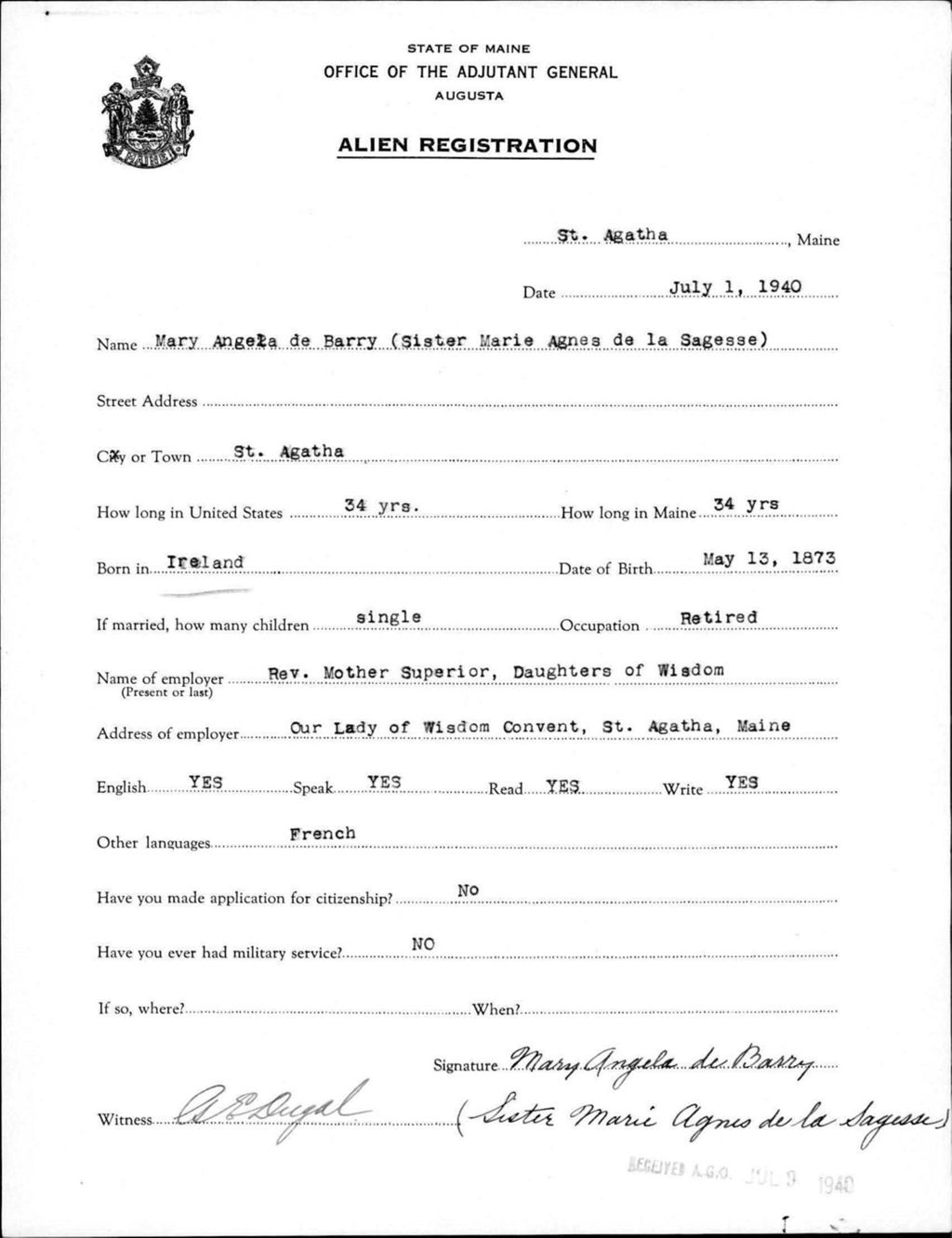 Miniature of Alien Registration- De Barry, Mary A. (Saint Agatha, Aroostook County)