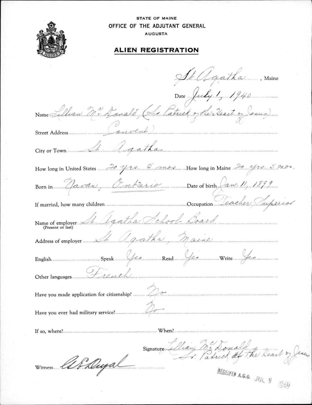 Miniature of Alien Registration- Mcdonald, Lillian (Saint Agatha, Aroostook County)