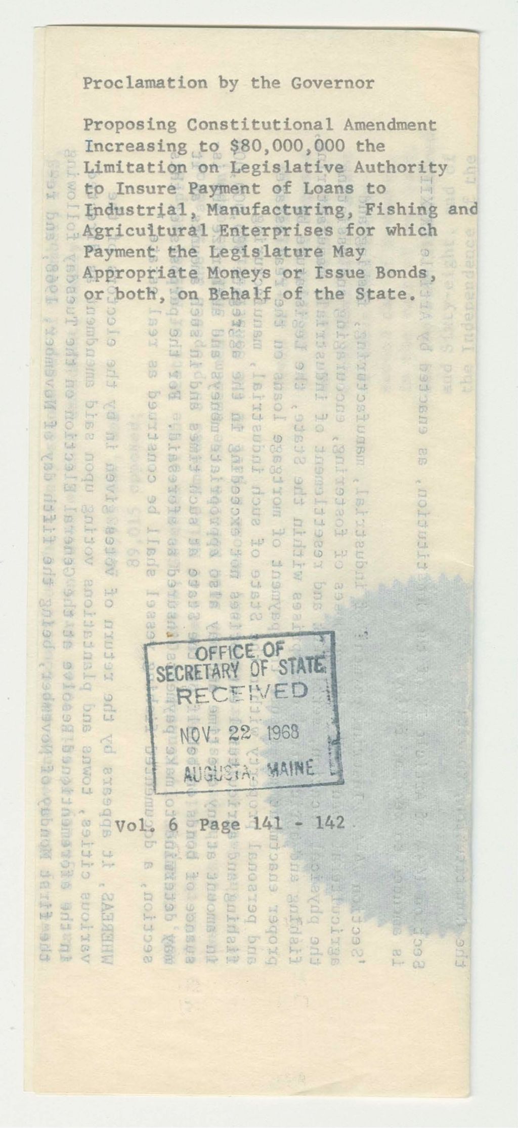 Miniature of Proposing Constitutional Amendment Increasing to $80,000,000 the limitation on legislative authority to Insure Payment of Loans to Industrail, Manufacturing, Fishing and Agricultural Enterprises for which Payment the Legislature May Appropriate Moneys or Issue Bonds, or both, on behalf of the state