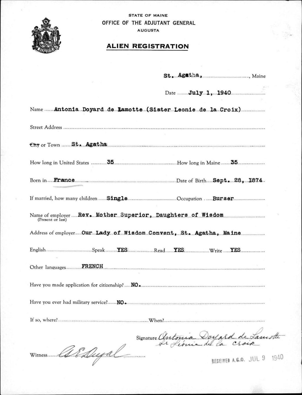 Miniature of Alien Registration- De Lamotte, Antonia D. (Saint Agatha, Aroostook County)