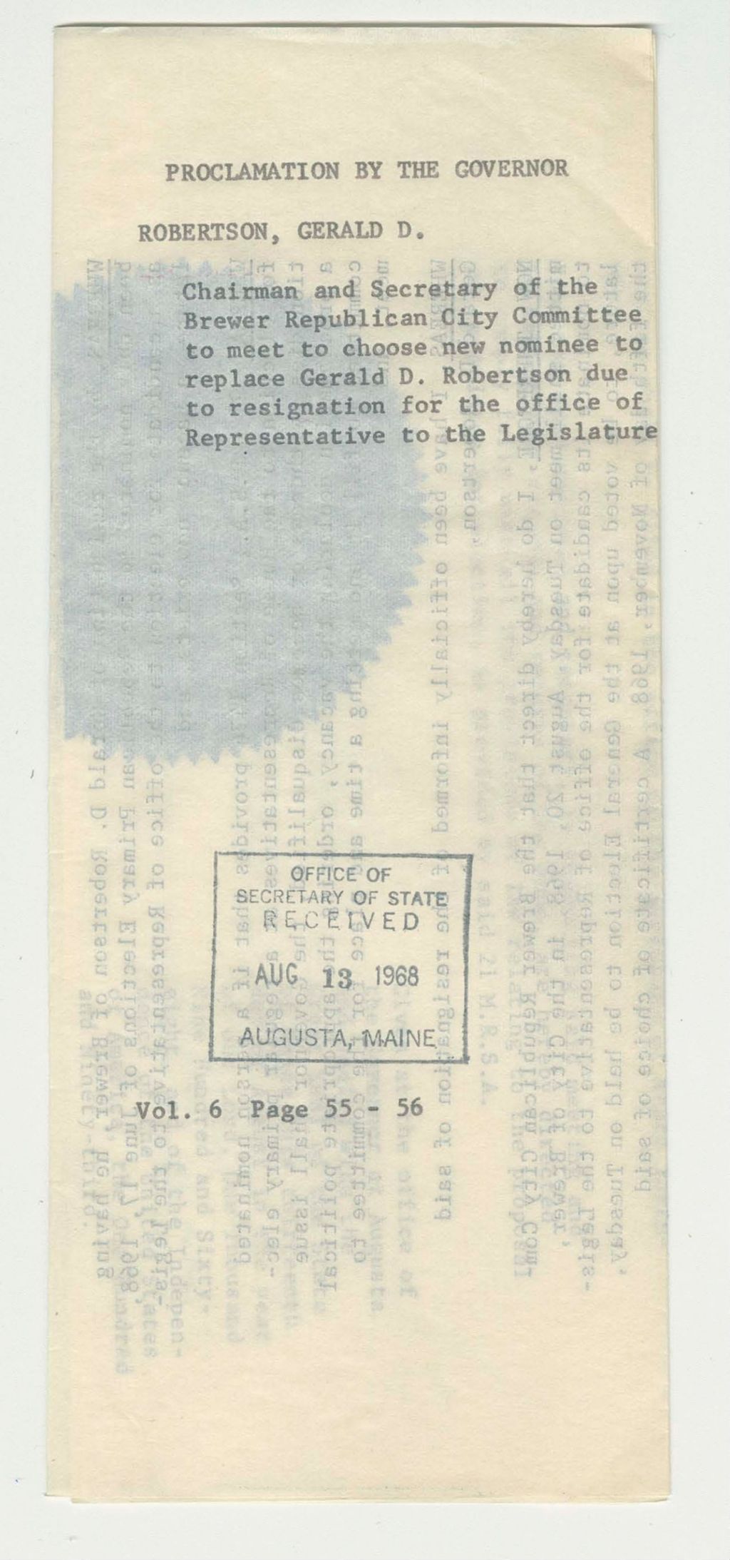 Miniature of Chairman and Secretary of the Brewer Republican City Committee to meet to choose new nominee to replace Gerlad G. Robertson due to resignation for the office of Representative to the Legislature
