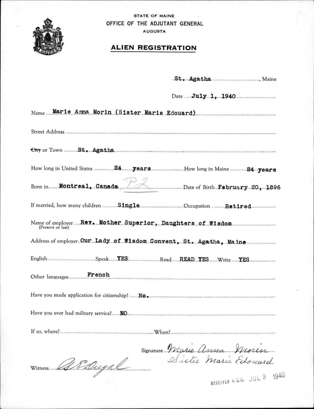Miniature of Alien Registration- Morin, Marie A. (Saint Agatha, Aroostook County)