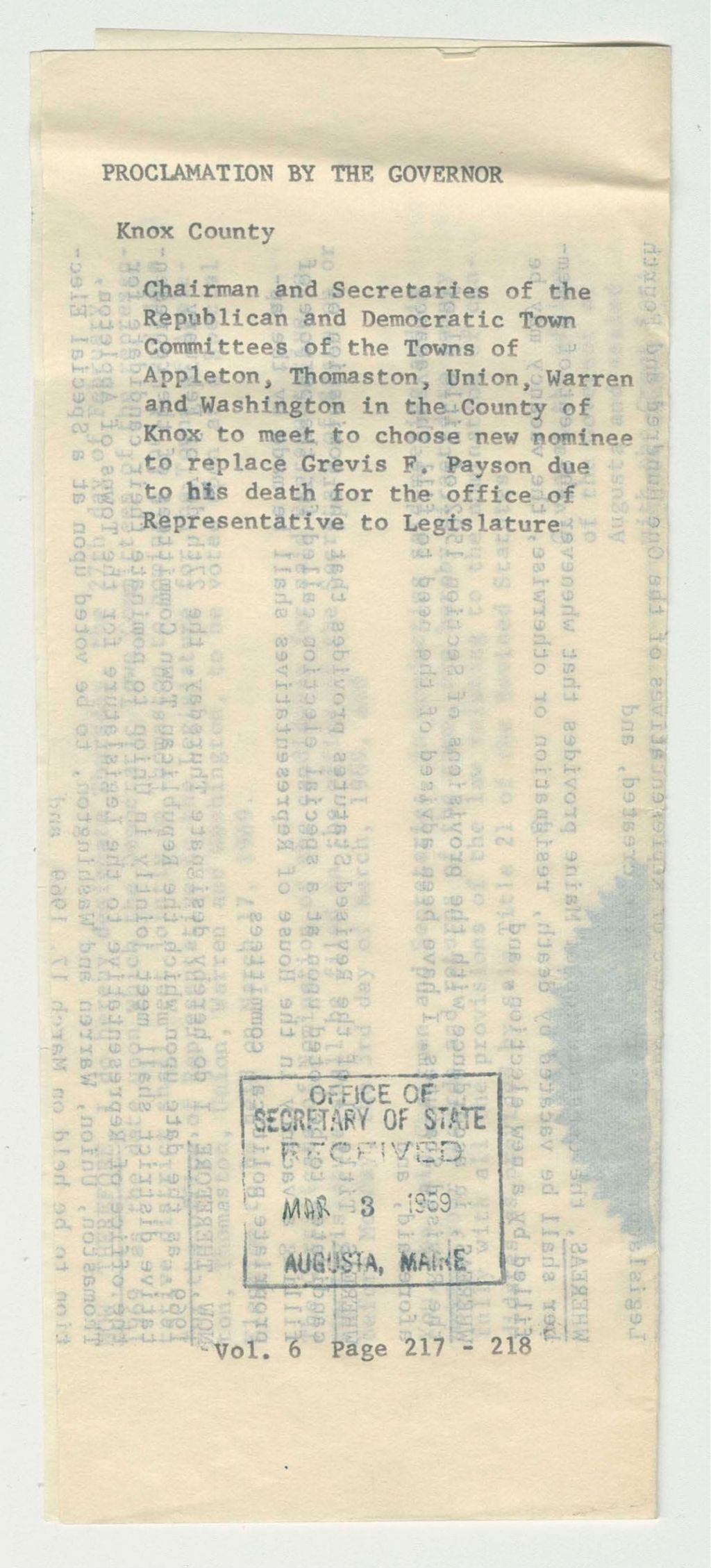 Miniature of Chairman and Secretaries of the Republican and Democratic Town Committees of the Towns of Appletion, Thomaston, Union, Warren and Washington in the County of Knox to meet to choose new nominee to replace Grevis F. Payson due to his death for the office of Representative to Legislature