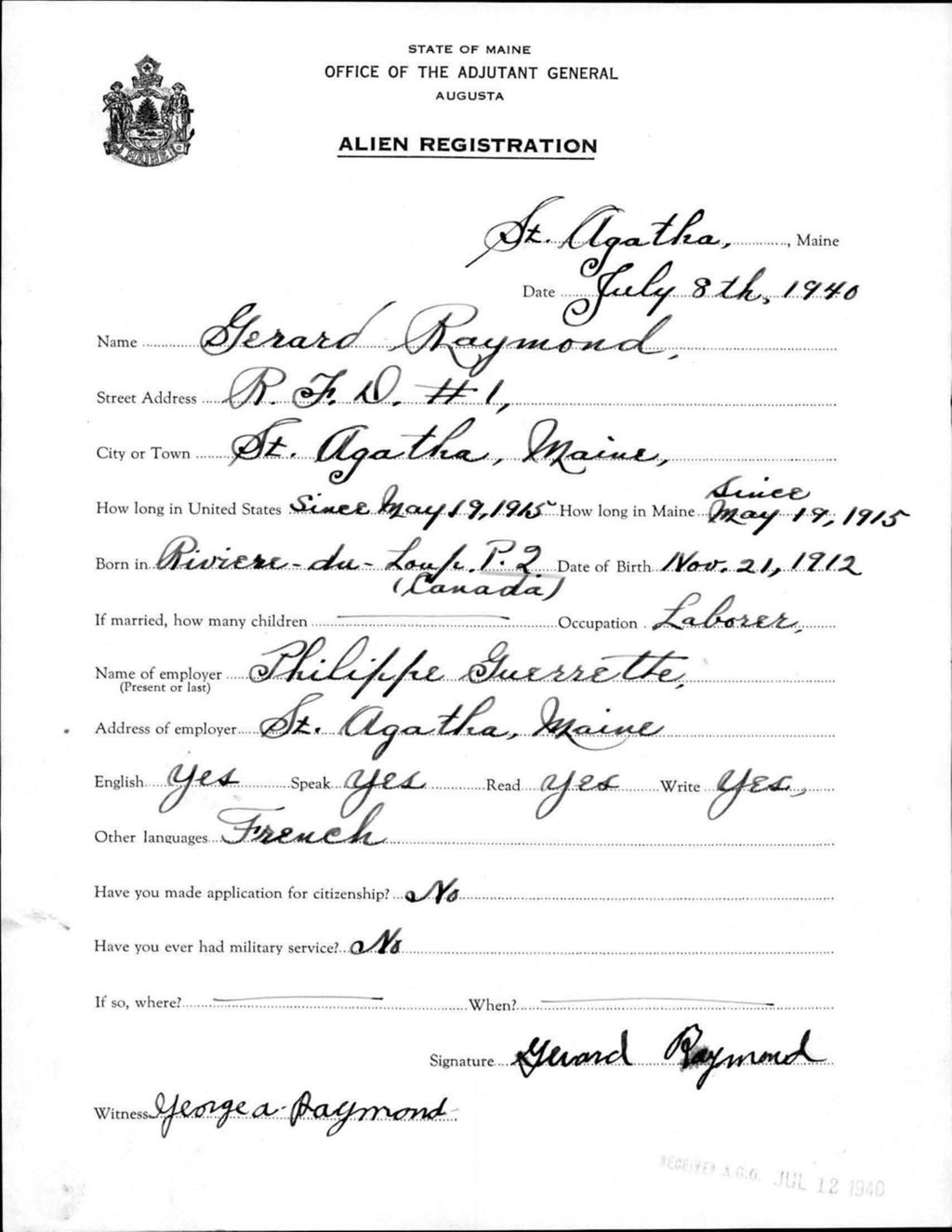Miniature of Alien Registration- Raymond, Gerard (Saint Agatha, Aroostook County)
