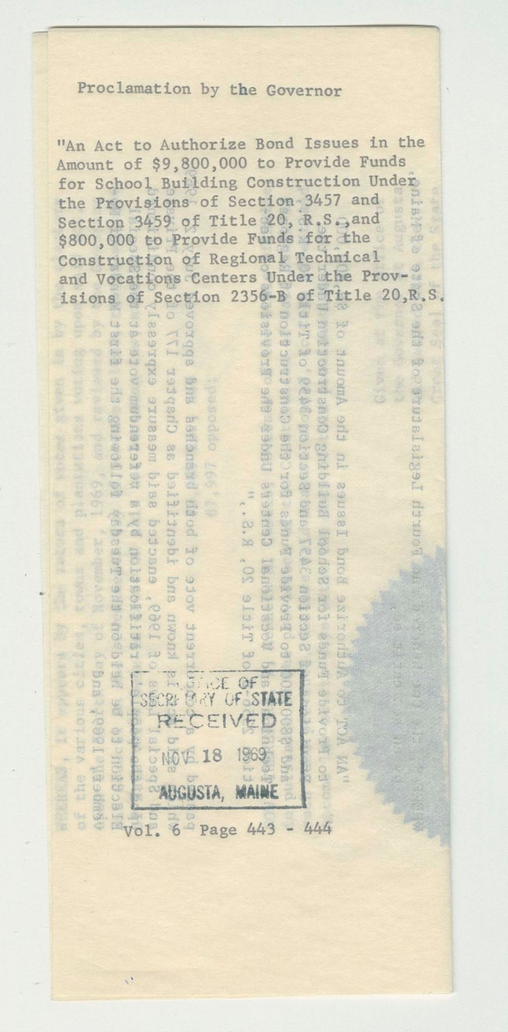 Miniature of An Act to Authorize Bond Issues in the Amount of $9,800,000 to provide funds for school building construction under the provisions of Section 3457 and Section 3459 of Title 20, R.S., and $800,000 to provide funds for the construction of regional technical and vocations centers under the provisions of Section 2356-B of Title 20, R.S.
