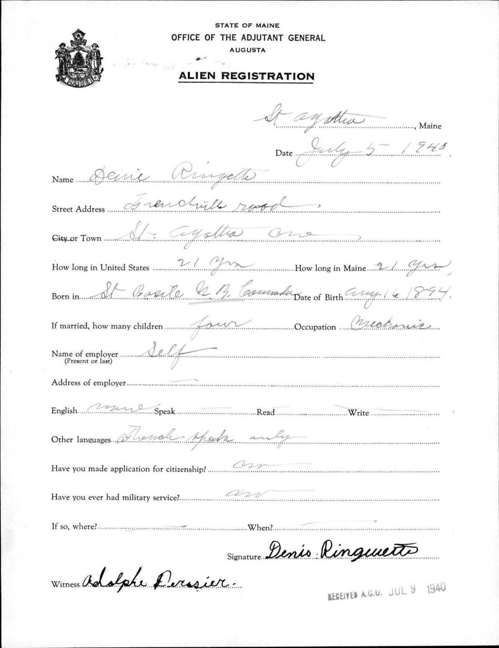 Miniature of Alien Registration- Ringette, Denis (Saint Agatha, Aroostook County)