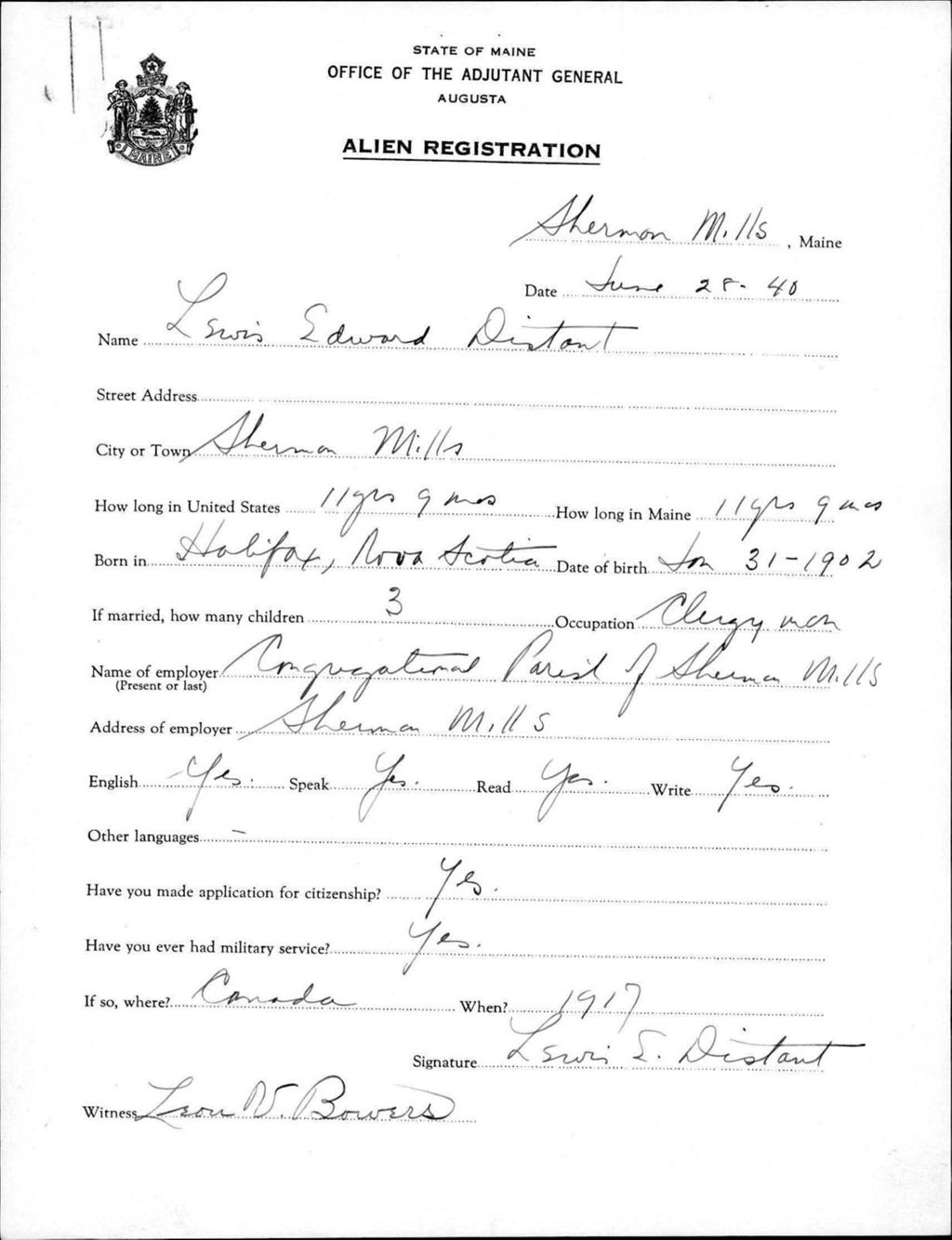 Miniature of Alien Registration- Distant, Lewis E. (Sherman Mills, Aroostook County)