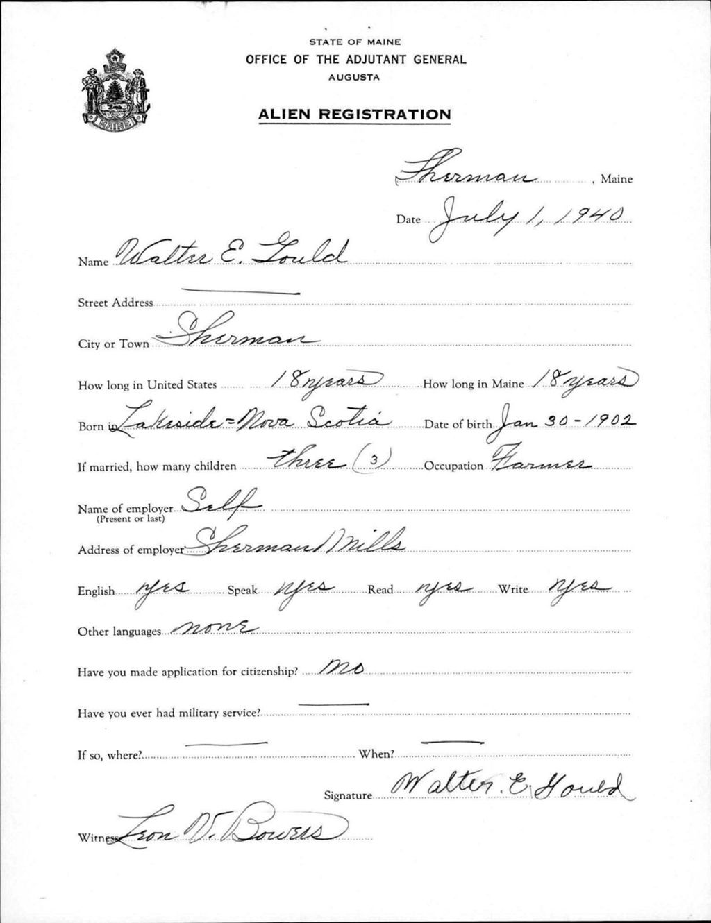 Miniature of Alien Registration- Gould, Walter E. (Saint Agatha, Aroostook County)