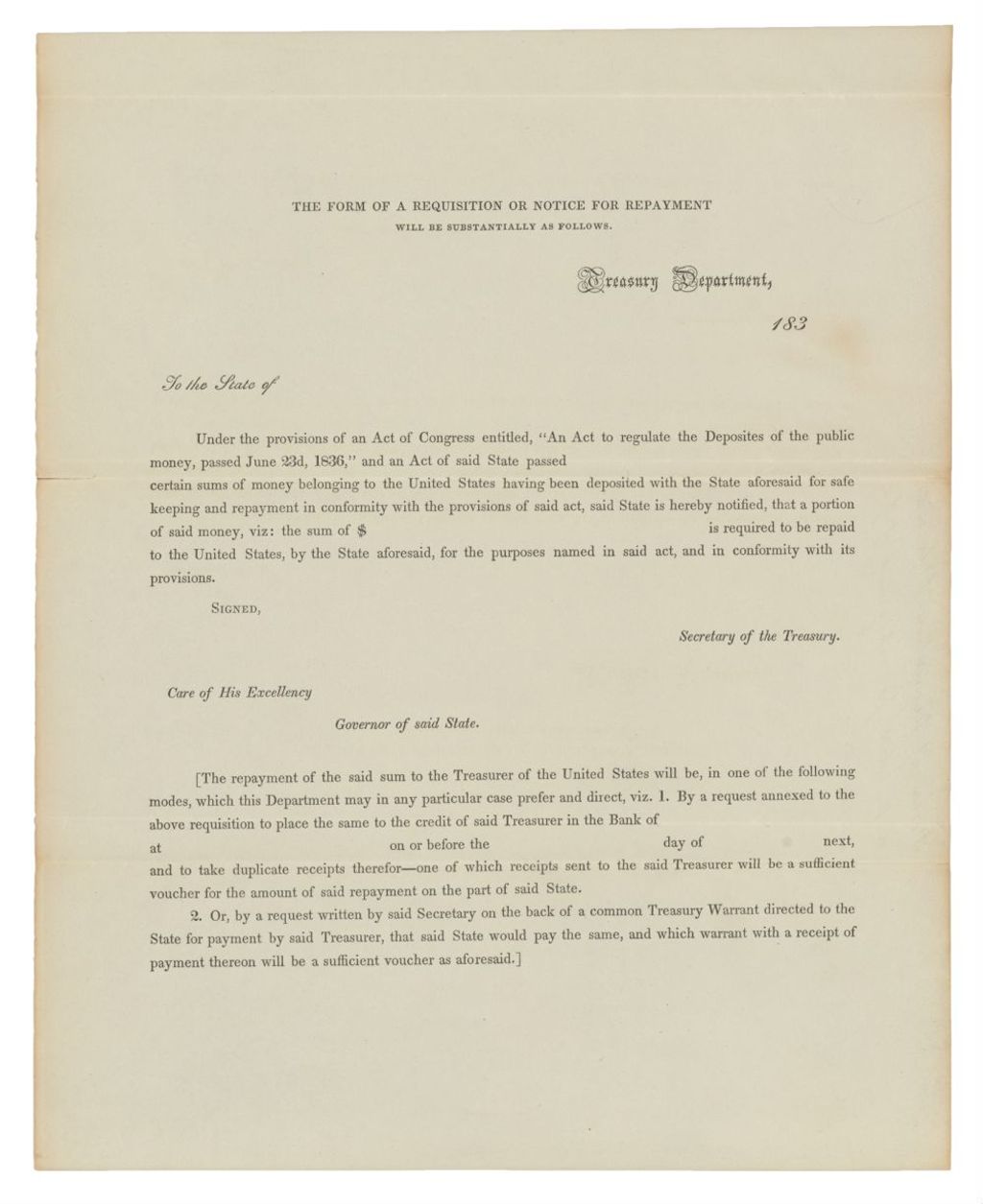 Miniature of Requisition for Repayment of Surplus Revenue